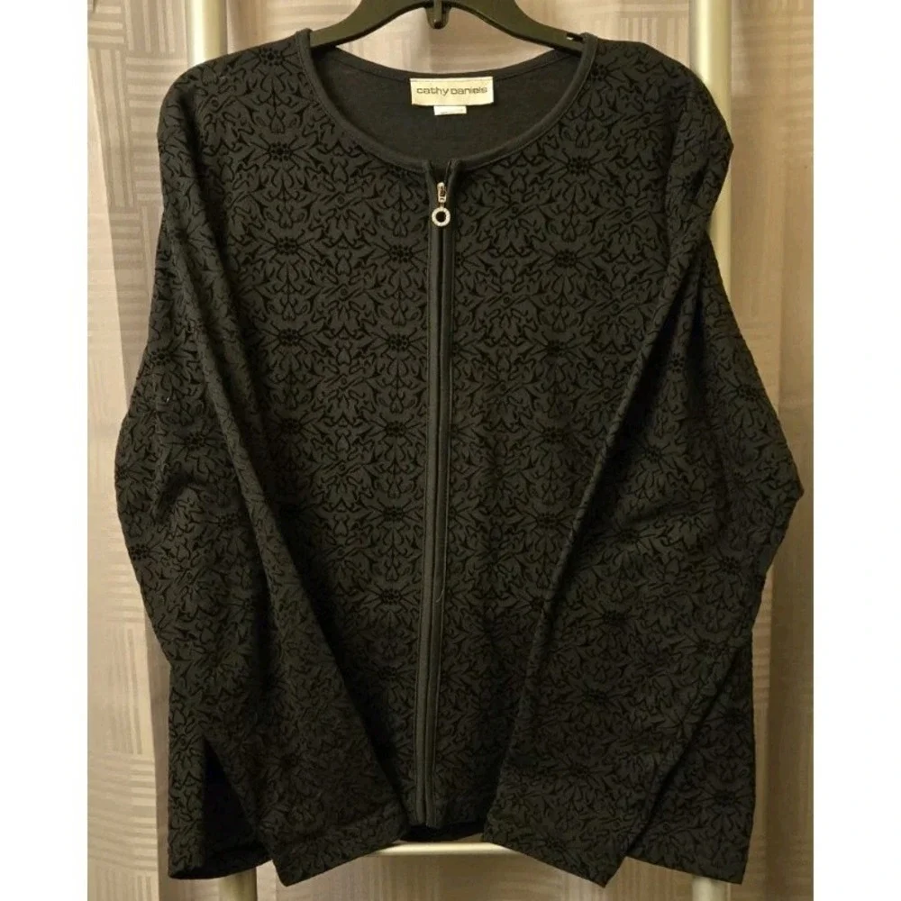 Cathy Daniels Womens Black Full Zip‎ Floral Velvet Long Sleeve Jacket Sz Large